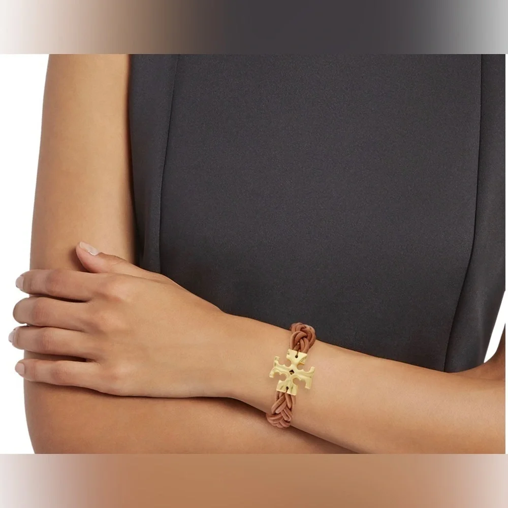 🆕Tory Burch Authentic Miller Fisherman 18KGold-Plated & Braided Leather Bracelet